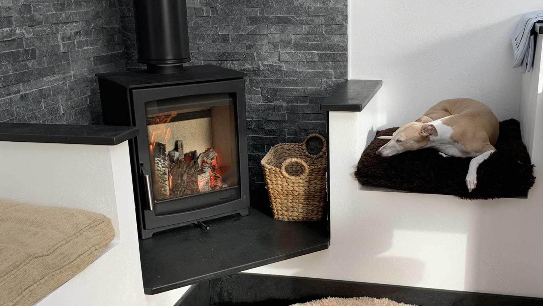 Dog Asleep Beside a Multi Fuel Burner with Slate Hearth, Wall and Cills