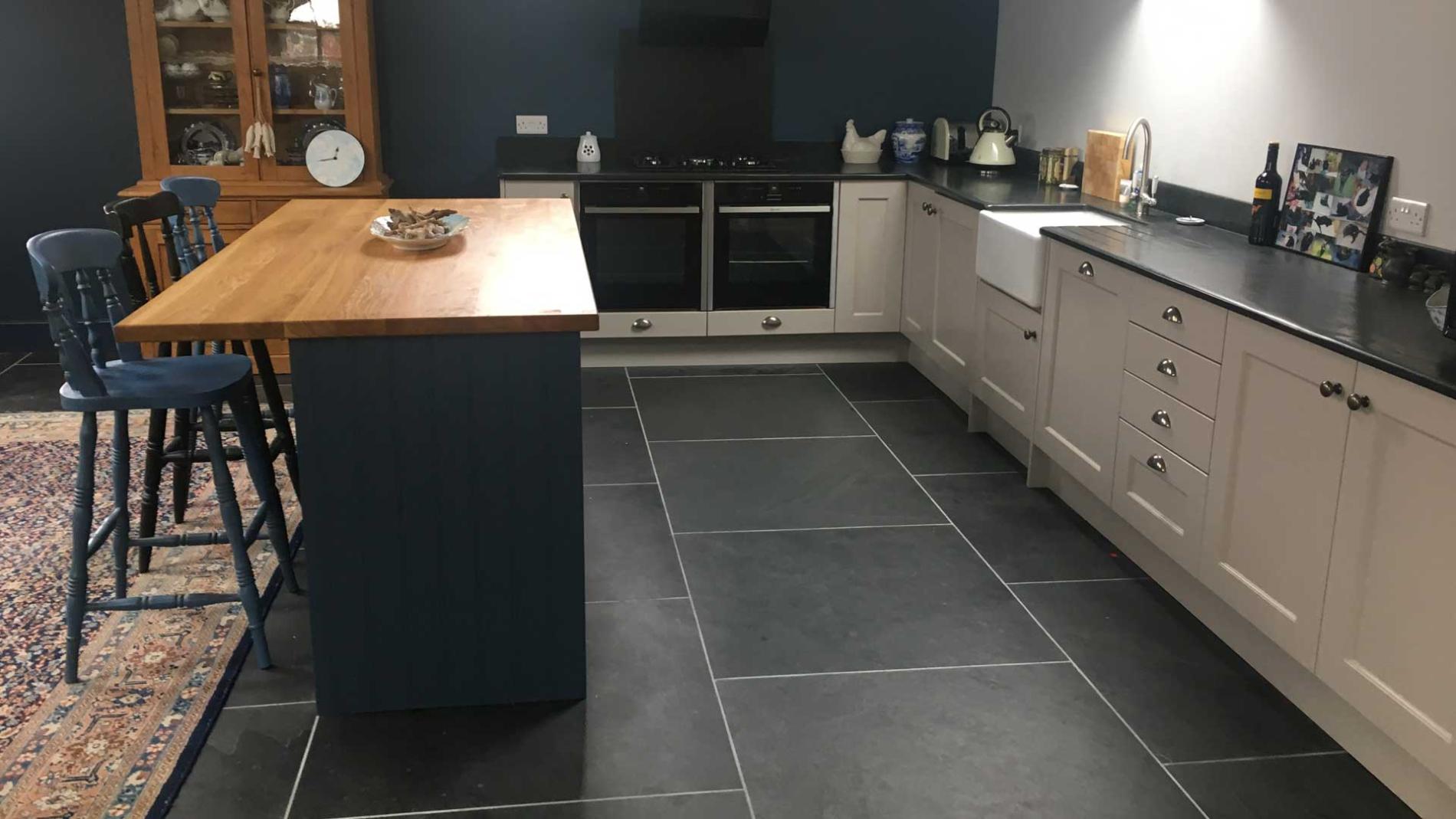 Slate Floor Tiles in a White Kitchen with a Slate Worktop 