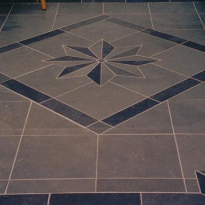 blue grey and black riven inlay bespoke design and cut floor tiles