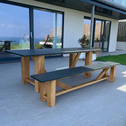 Contemporary bench and table in oak with a slate top