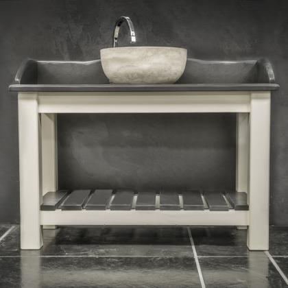Stone bowl set on slate vanity unit with a white wood structure