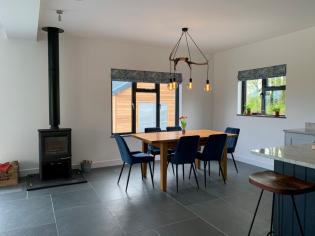 dining room with blue grey slate pattern
