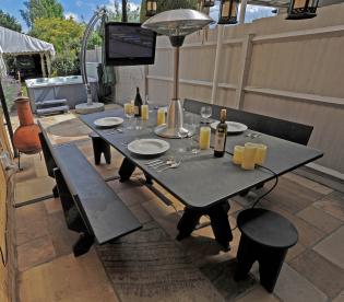 Solid slate picnic bench and bench seats with end bar stools