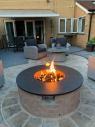 Slate fire pit in contemporary garden with round brick and stone surrounds